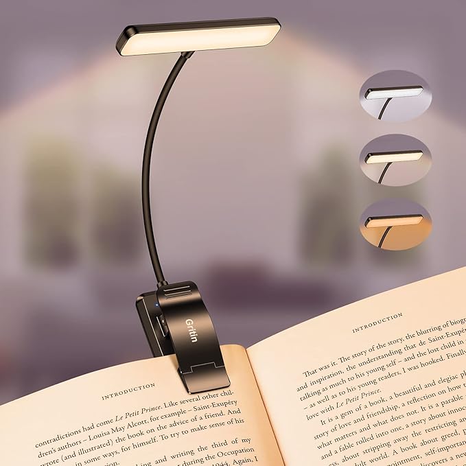 A clip-on LED reading light attached to a book.