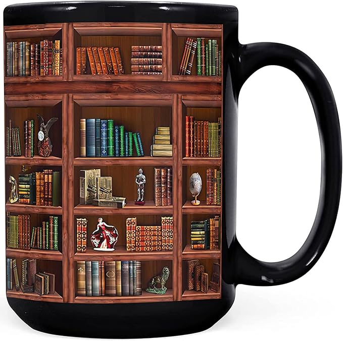 A ceramic mug with books on a bookshelf on it.