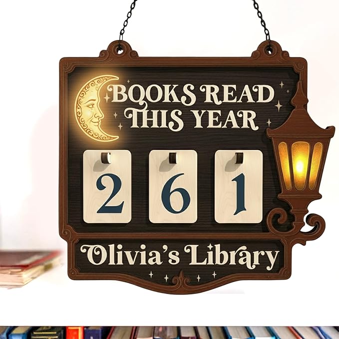 A personalized wooden sign for a home library or reading corner.