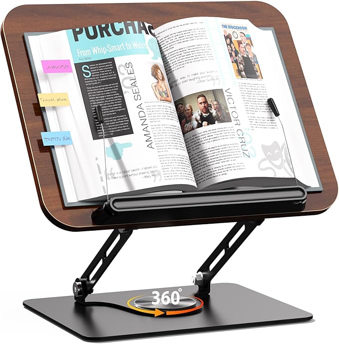 An adjustable wooden book stand holding a cookbook.
