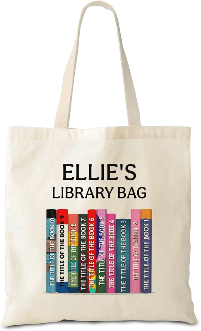A canvas tote bag featuring a graphic of a stack of books, which can be personalized with a name.