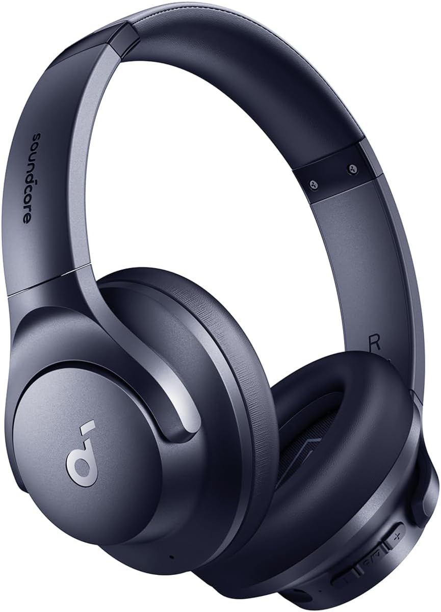 A pair of noise dark blue over the ear headphones.